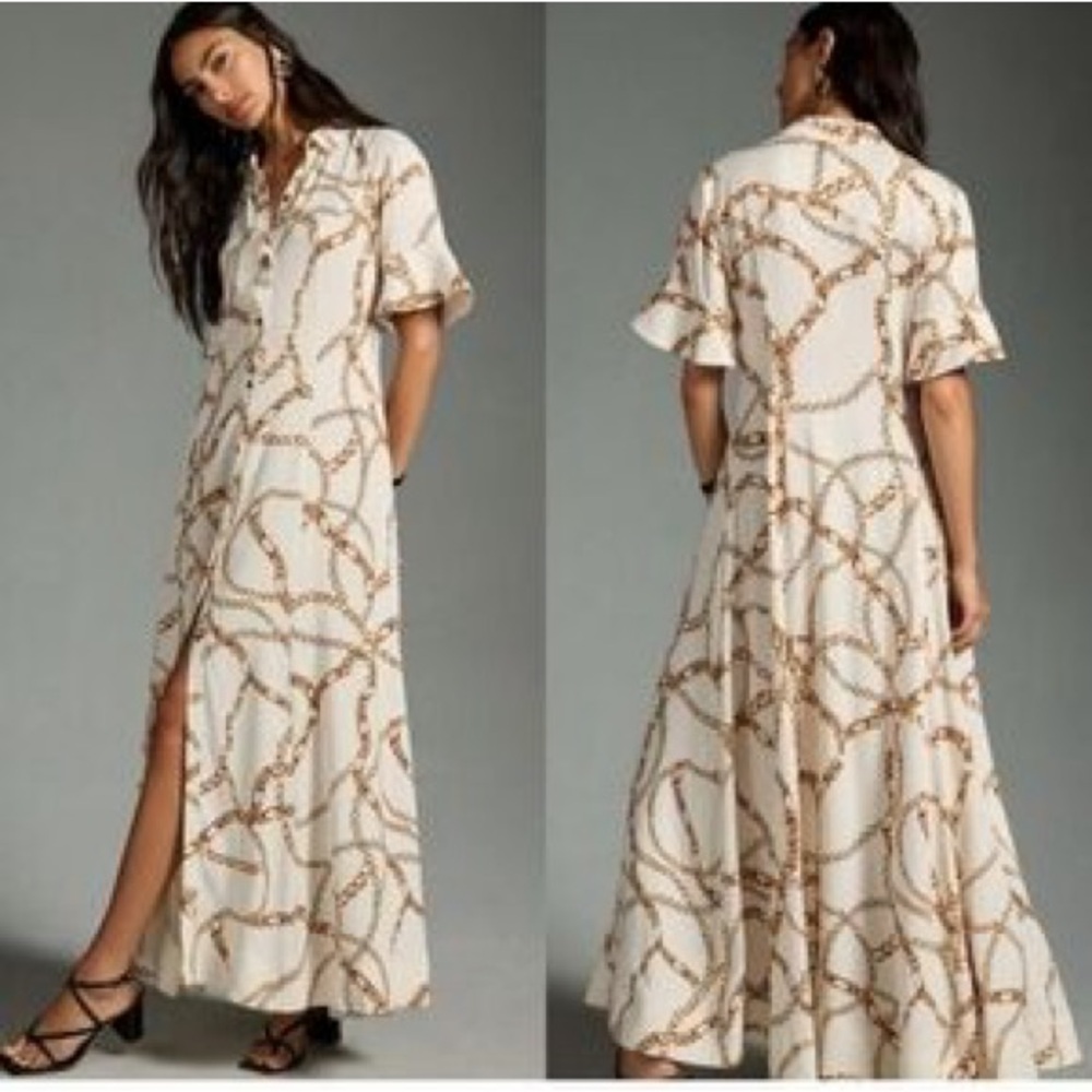 Anthropologie Cream and Brown Chain Print Maxi Dress